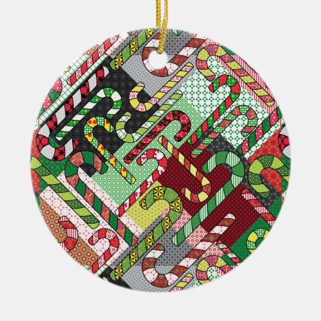 Colorful Candy Canes Ceramic Ornament (Front)
