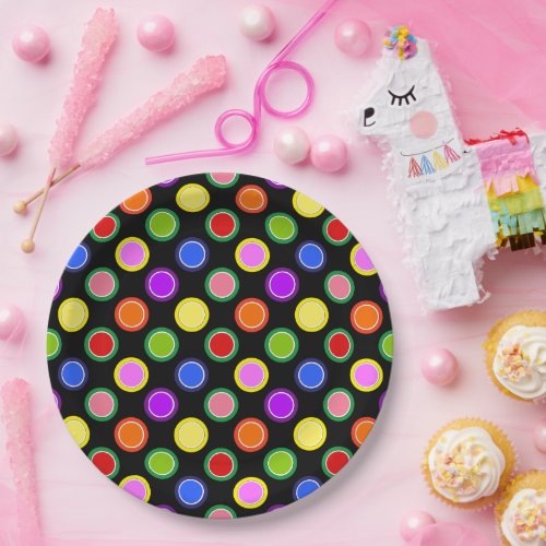 Colorful Candy Fruit Oversized Polka Dots on Black Paper Plates