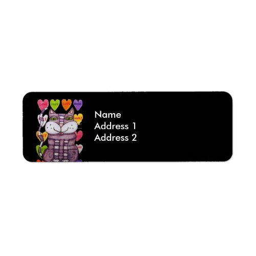 Colorful Candy Hearts Happy Purple Cat Black Label