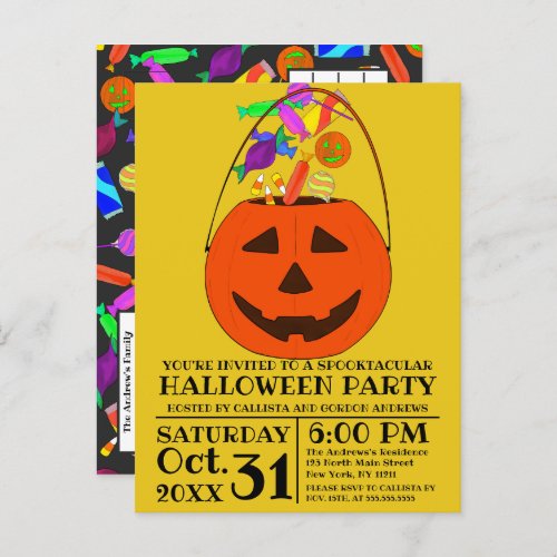 Colorful Candy Jack O Lantern Bucket Halloween Invitation Postcard