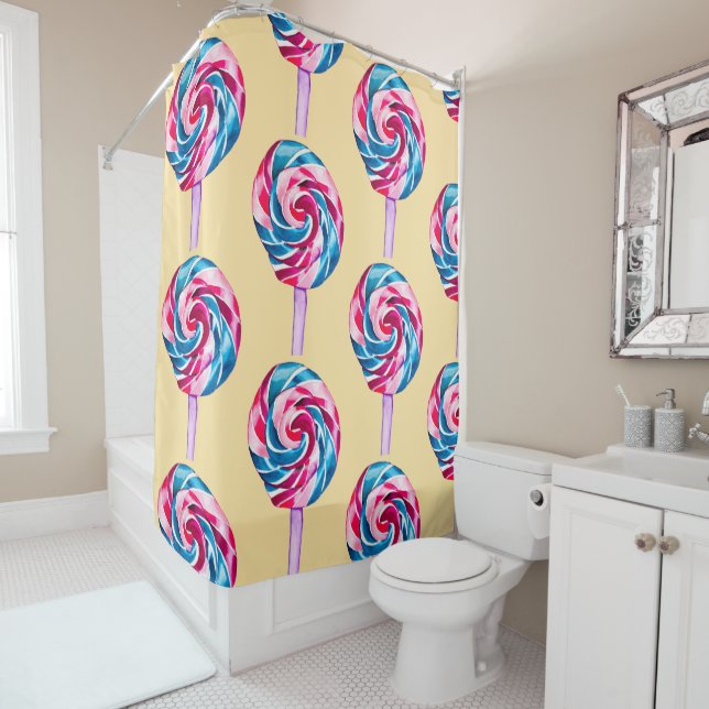 Colorful candy lollipop watercolor art shower curtain (In Situ)