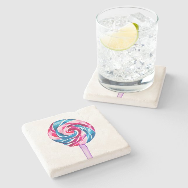 Colorful candy lollipop watercolor art stone coaster (Side)