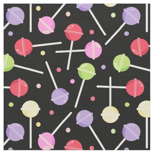 Colorful Candy Lollipops Pattern on Black Fabric