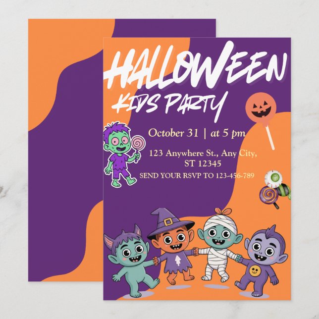 Colorful Candy Monsters Kids Halloween Invite (Front/Back)