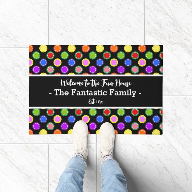 Colorful Candy Polka Dots on Black Personalized Doormat (Indoor)