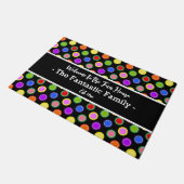 Colorful Candy Polka Dots on Black Personalized Doormat (Angled)