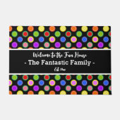 Colorful Candy Polka Dots on Black Personalized Doormat (Front)