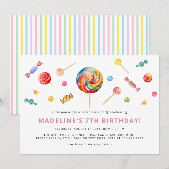 Colorful Candy | Rainbow Lollipop Birthday Party Invitation (Front/Back)