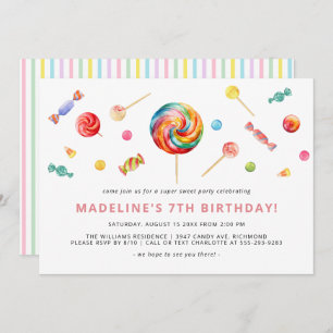 Colorful Candy   Rainbow Lollipop Birthday Party Invitation