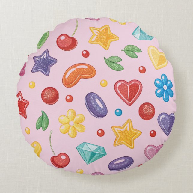 “Colorful Candy Star Round Pillow (Front)
