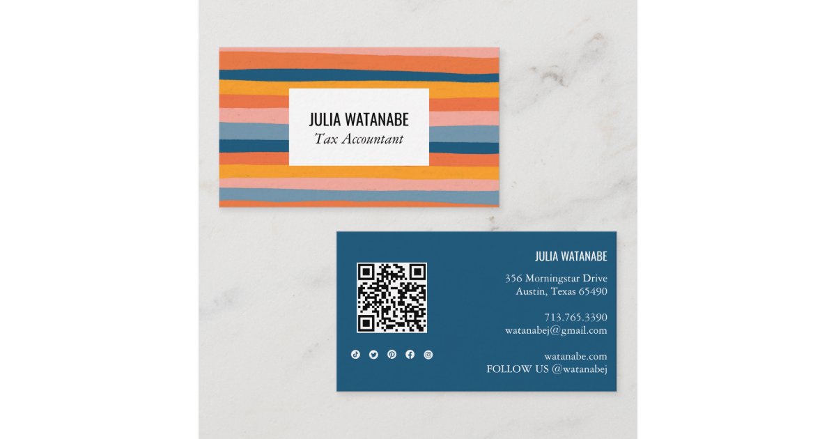 Colorful Candy Stripes QR Code Social Media Chic Business Card | Zazzle
