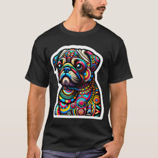 Colorful Canine Mosaic: Intricate Pug Portrait in T-Shirt