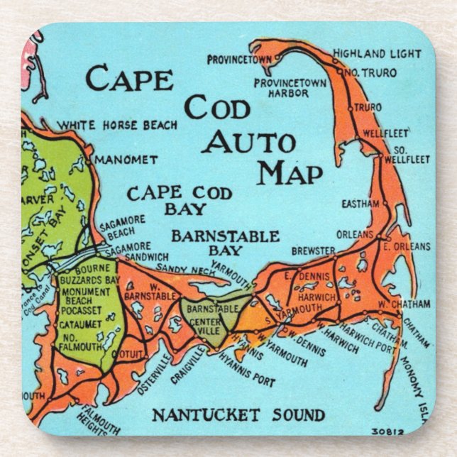 Colorful Cape Cod Map  Beverage Coaster (Front)