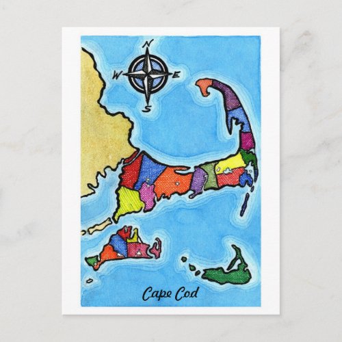 Colorful Cape Cod Map Postcard
