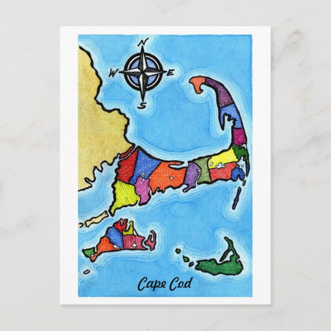 Colorful Cape Cod Map Postcard (Front)