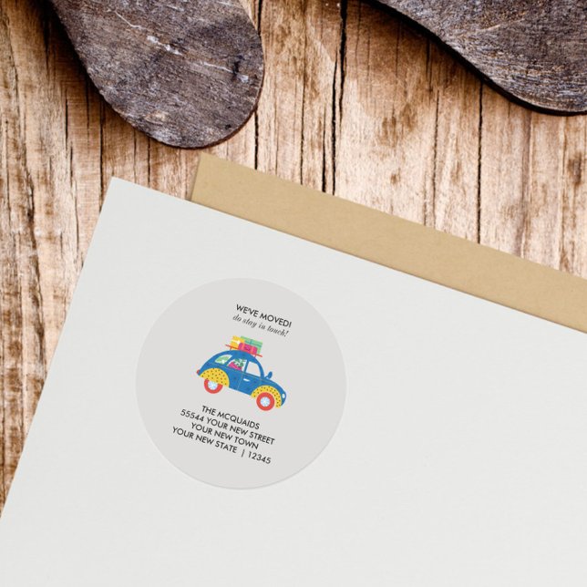 Colorful Car on the Moving Announcement  Classic Round Sticker (Return address label cute blue car
)