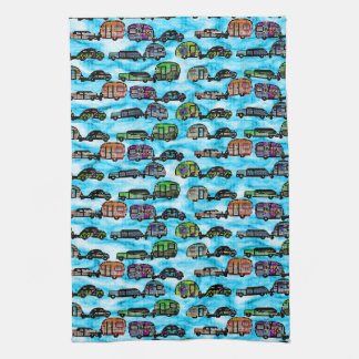 Colorful Caravans With Blue Background Dish Towel