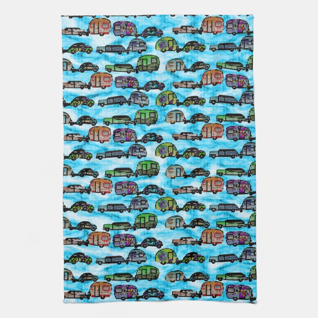 Colorful Caravans With Blue Background Dish Towel (Vertical)