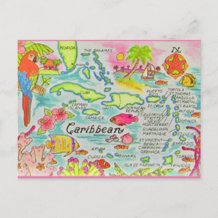 Colorful Caribbean Islands Map Postcard