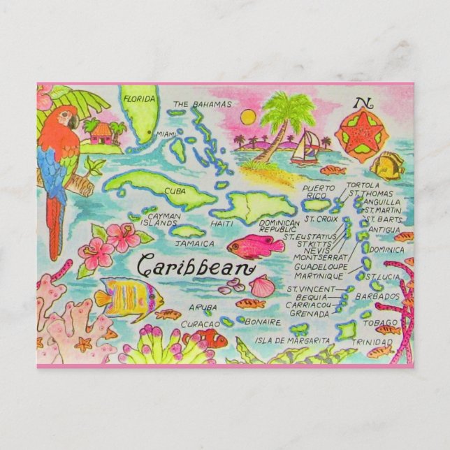 Colorful Caribbean Islands Map Postcard (Front)