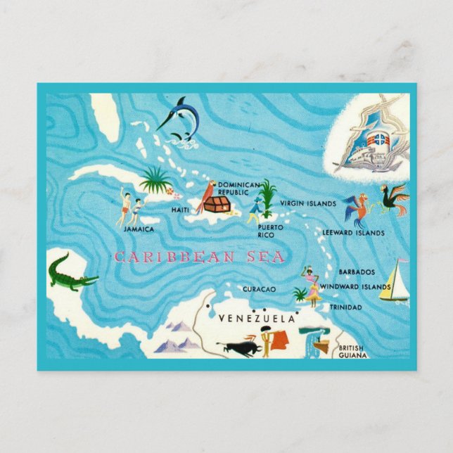Colorful Caribbean Map Postcard (Front)