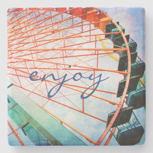 Colorful Carnival Ferris Wheel Photo Enjoy Script Stone Coaster