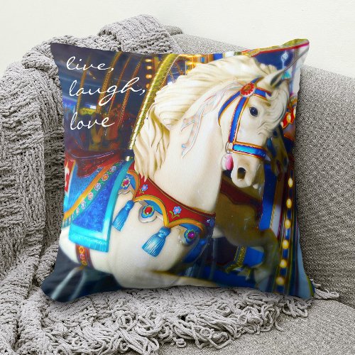 Colorful Carousel Horse Photo Live Laugh Love  Throw Pillow