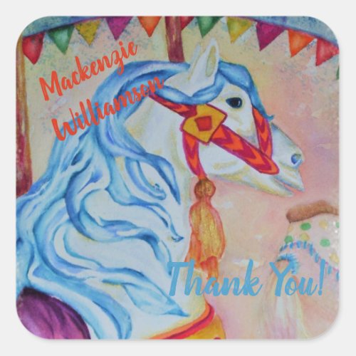 COLORFUL CAROUSEL HORSE THANK YOU SQUARE STICKER