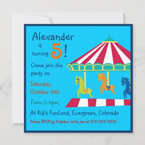 Colorful carousel kids birthday party invitations