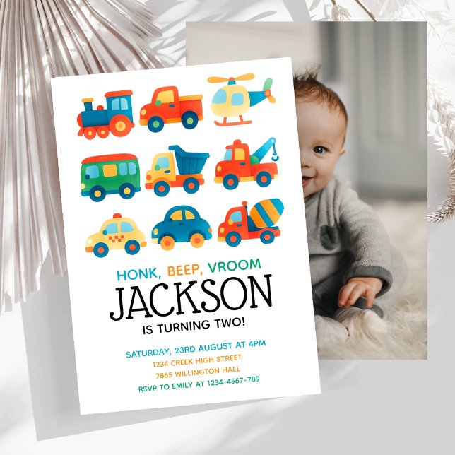 Colorful Cars Transportation Birthday Photo Invitation (Creator Uploaded)