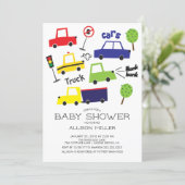Colorful Cars & Trucks Baby Shower Invitation (Standing Front)