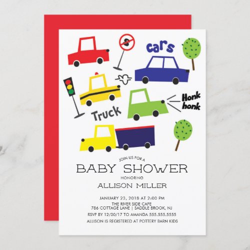 Colorful Cars  Trucks Baby Shower Invitation