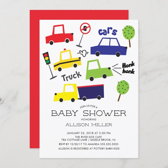 Colorful Cars & Trucks Baby Shower Invitation (Front/Back)