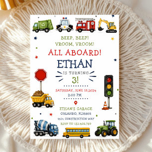 Colorful Cars Trucks Construction Birthday Invitation