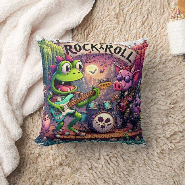 Colorful Cartoon Animals Performing Rock Music Throw Pillow (Blanket)