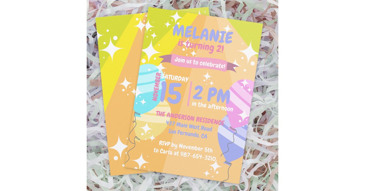 Colorful Cartoon Balloons Sparkles Birthday Party Invitation | Zazzle