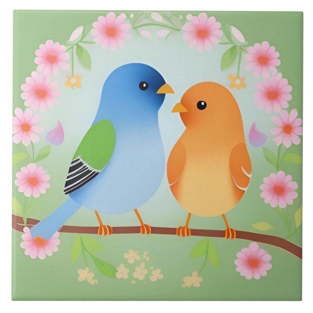 Colorful Cartoon Birds On Branch Bird Lovers Ceramic Tile (Front)