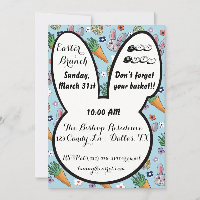 Colorful Cartoon Bunny Carrot & Easter Egg Floral  Invitation (Front)
