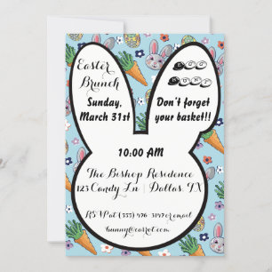 Colorful Cartoon Bunny Carrot & Easter Egg Floral  Invitation