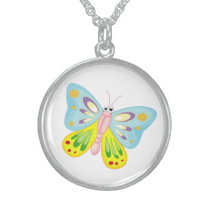 COLORFUL CARTOON BUTTERFLY STERLING SILVER NECKLACE