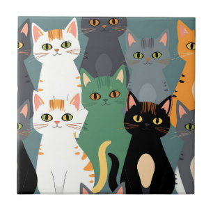 Colorful Cartoon Cat Crowd Pattern Ceramic Tile