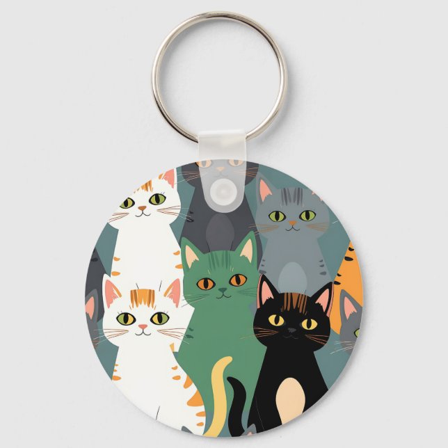 Colorful Cartoon Cat Crowd Pattern Keychain (Front)