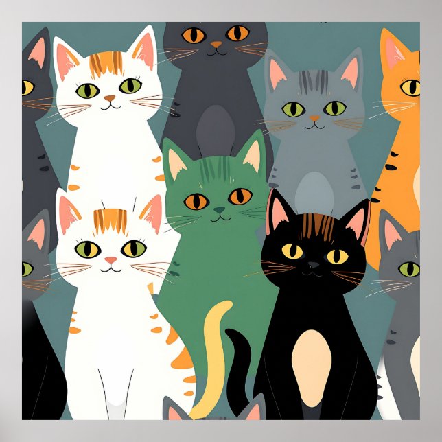 Colorful Cartoon Cat Crowd Pattern Poster (Front)