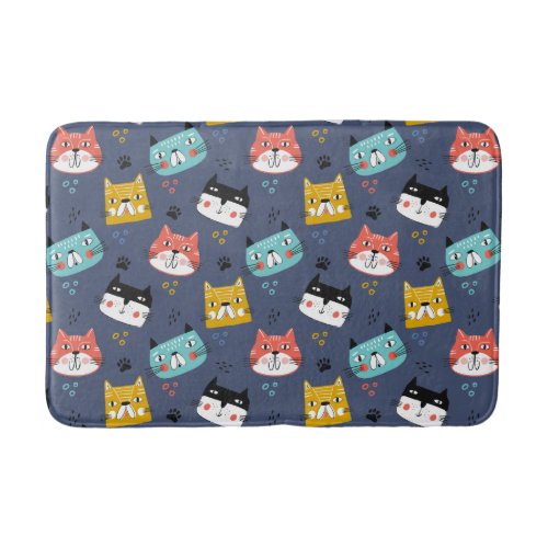 Colorful Cartoon Cat Faces on Blue Bath Mat