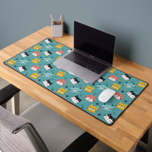 Colorful Cartoon Cat Faces on Teal Desk Mat