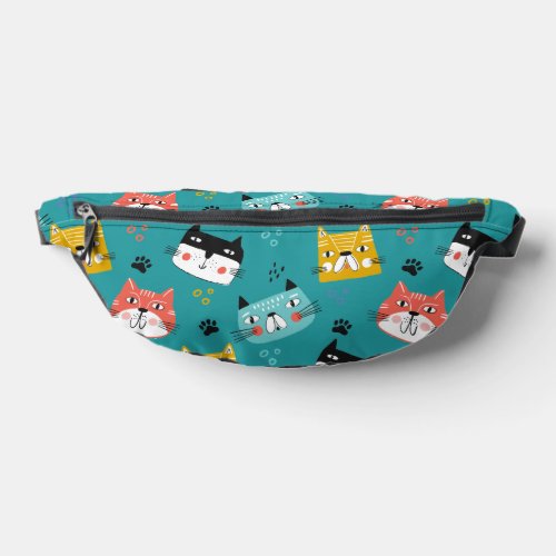 Colorful Cartoon Cat Faces on Teal Fanny Pack