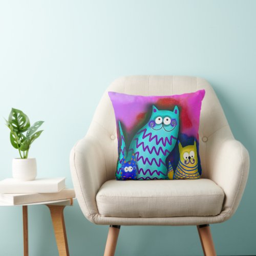 Colorful Cartoon Cat Family Throw Pillow