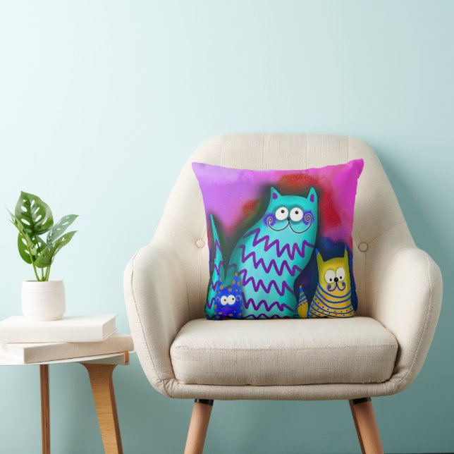 Colorful Cartoon Cat Family Throw Pillow (Chair)