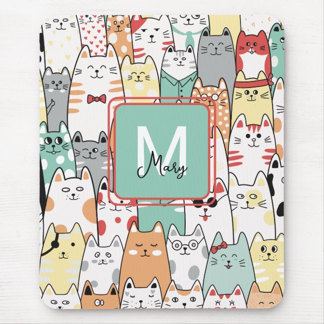 Colorful Cartoon Cat Kitty Name Monogram Mouse Pad (Front)