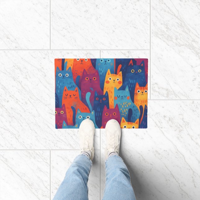 Colorful Cartoon Cat Pattern | Cute Whimsical Cat  Doormat (Indoor)